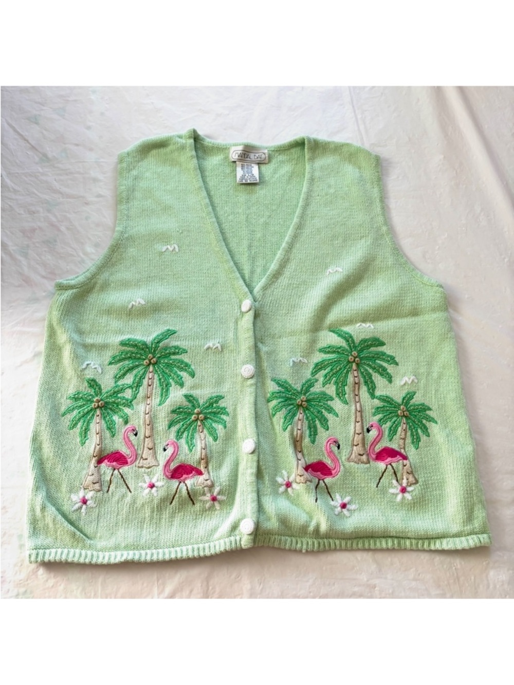 Vintage Mandal Bay Green Pink Tropical Flamingo Palm Cotton Knit Vest SZ L - Picture 10 of 11